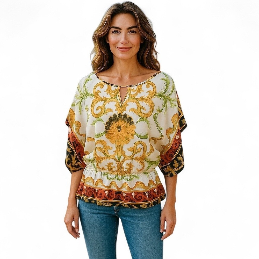 Madison Gold White Pullover Floral Paisley Boho Cinched Waist Blouse‎ Large